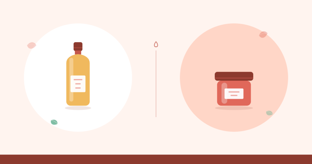Ilustración de un exfoliante líquido junto a un envase de discos exfoliantes