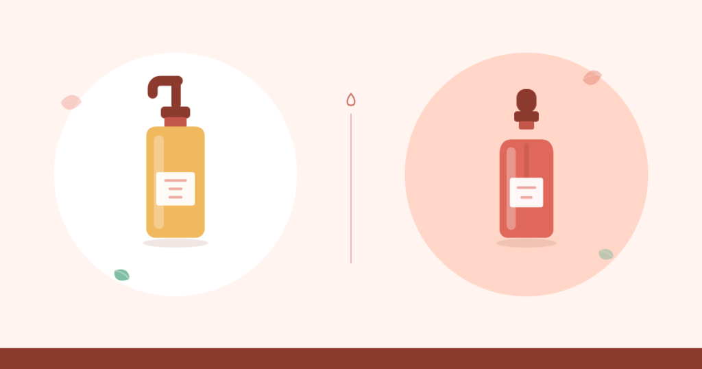 Ilustración de un limpiador facial con dosificador junto a un sérum con cuentagotas
