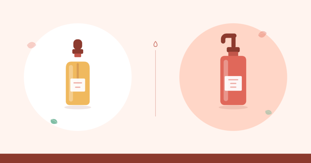 Ilustración de un sérum de vitamina C con cuentagotas junto a un frasco hidratante